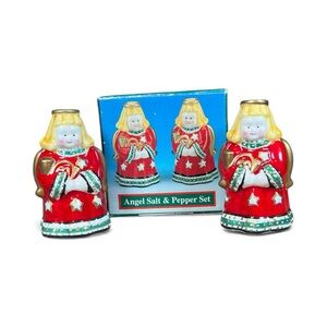 Whimsical Angel Salt & Pepper Set - Red, green, gold